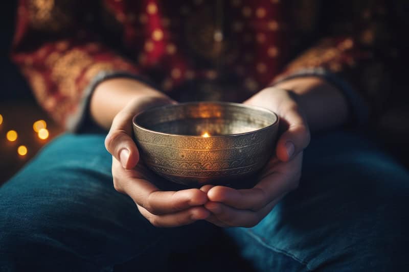 singing bowl hands person holding metal singing bowl in their hands